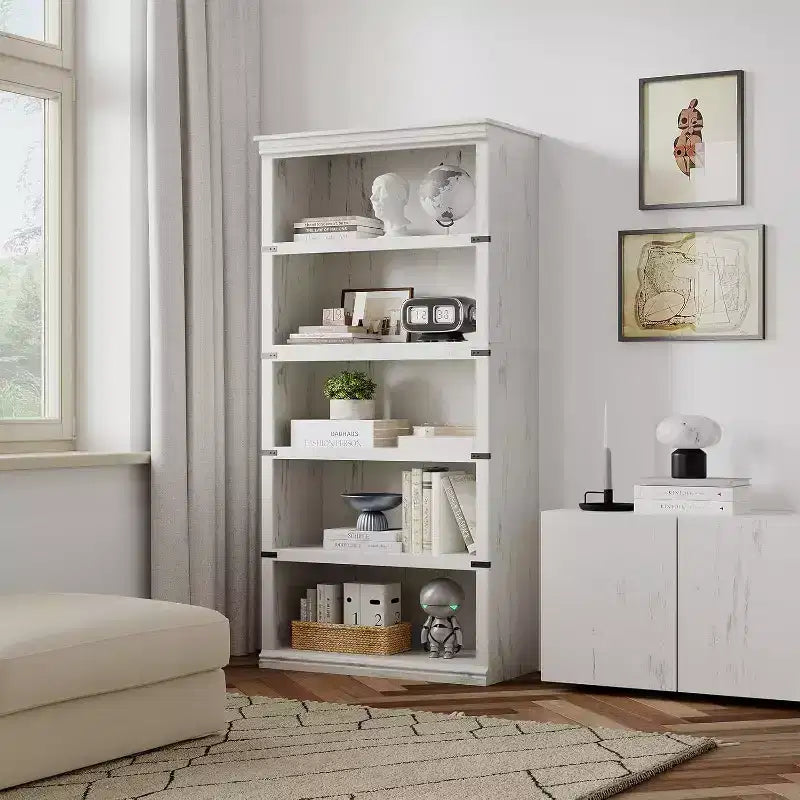 67.4 Farmhouse 5-Tier Bookshelf - Tall Wood Storage Shelf for Living Room & Home Office