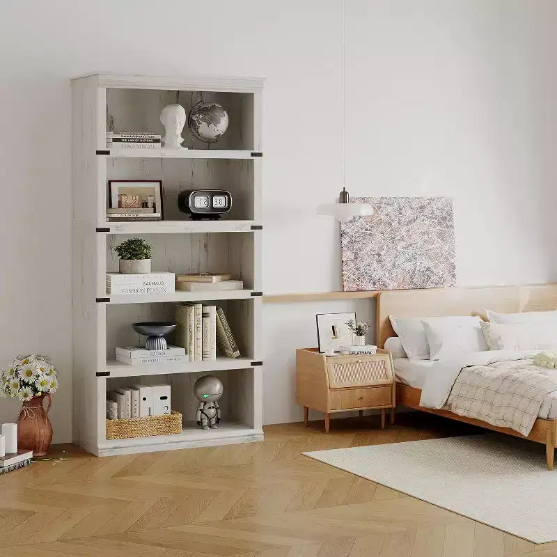 67.4 Farmhouse 5-Tier Bookshelf - Tall Wood Storage Shelf for Living Room & Home Office