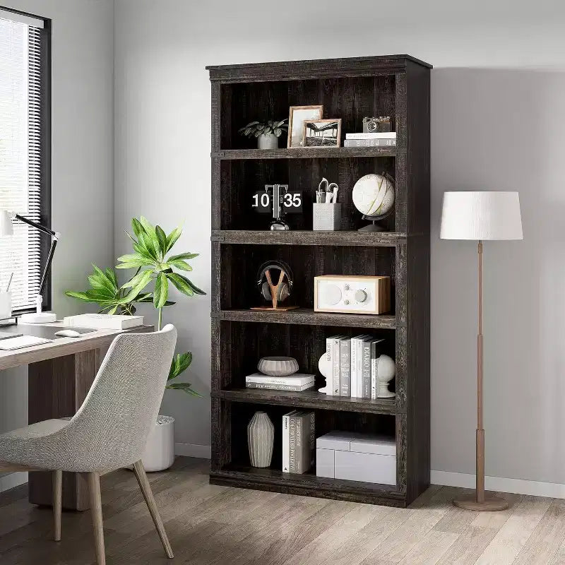 67.4 Farmhouse 5-Tier Bookshelf - Tall Wood Storage Shelf for Living Room & Home Office