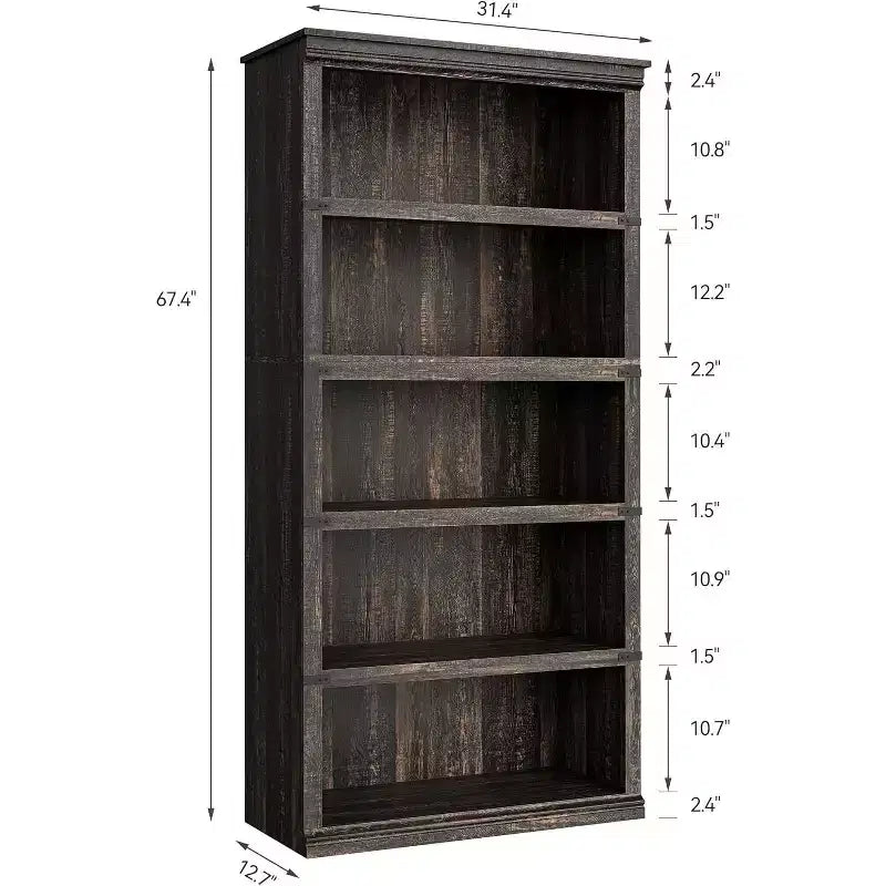 67.4 Farmhouse 5-Tier Bookshelf - Tall Wood Storage Shelf for Living Room & Home Office
