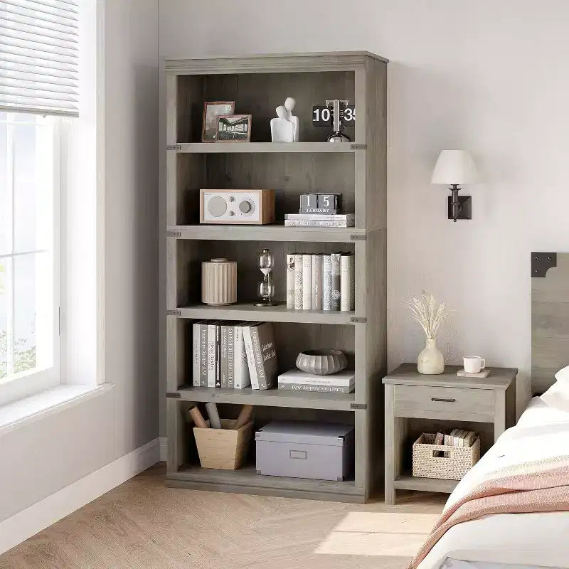 67.4 Farmhouse 5-Tier Bookshelf - Tall Wood Storage Shelf for Living Room & Home Office