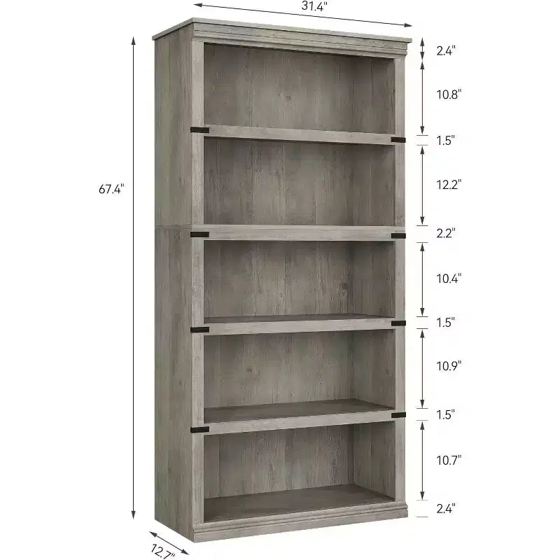 67.4 Farmhouse 5-Tier Bookshelf - Tall Wood Storage Shelf for Living Room & Home Office