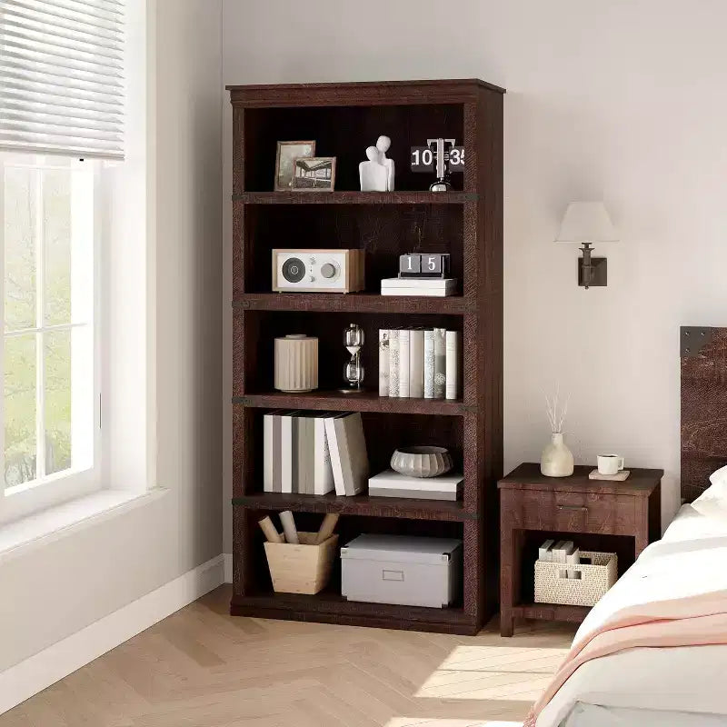 67.4 Farmhouse 5-Tier Bookshelf - Tall Wood Storage Shelf for Living Room & Home Office