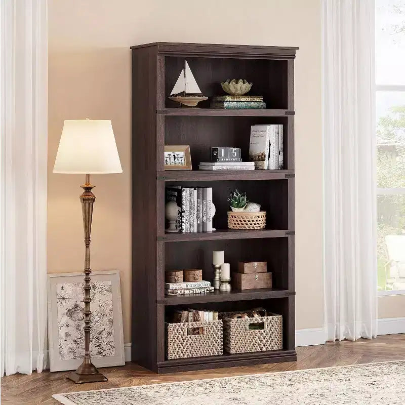 67.4 Farmhouse 5-Tier Bookshelf - Tall Wood Storage Shelf for Living Room & Home Office