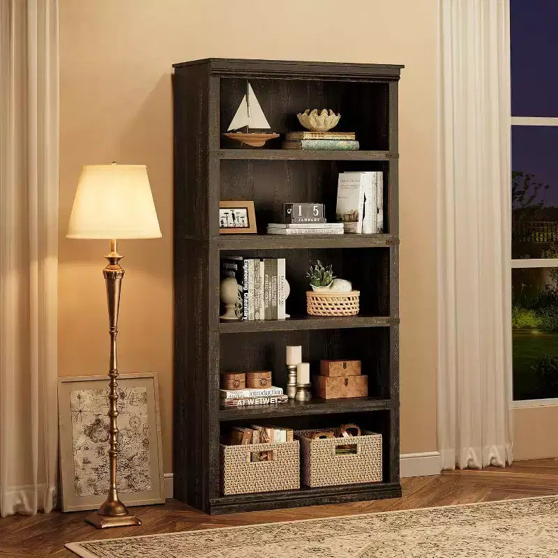 67.4 Farmhouse 5-Tier Bookshelf - Tall Wood Storage Shelf for Living Room & Home Office