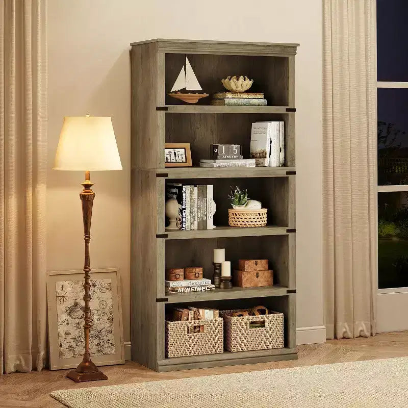 67.4 Farmhouse 5-Tier Bookshelf - Tall Wood Storage Shelf for Living Room & Home Office