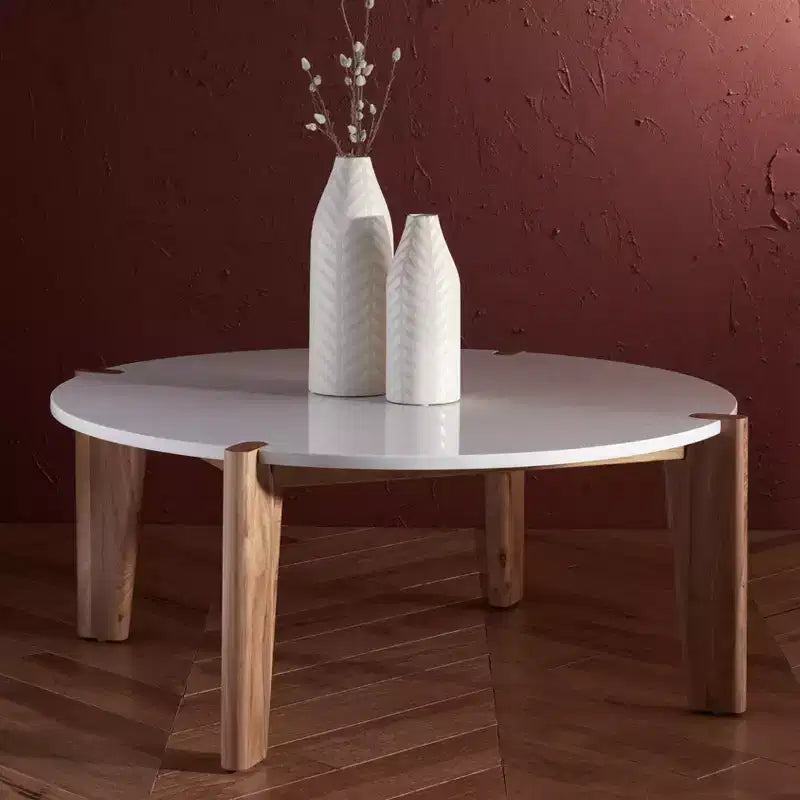 Round Marble Top Coffee Table with Elm Wood Legs, 40" Modern Sculptural Design