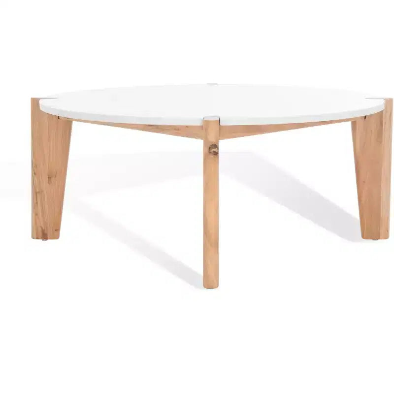 Round Marble Top Coffee Table with Elm Wood Legs, 40" Modern Sculptural Design