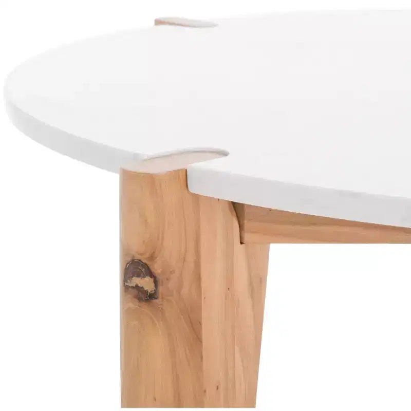 Round Marble Top Coffee Table with Elm Wood Legs, 40" Modern Sculptural Design