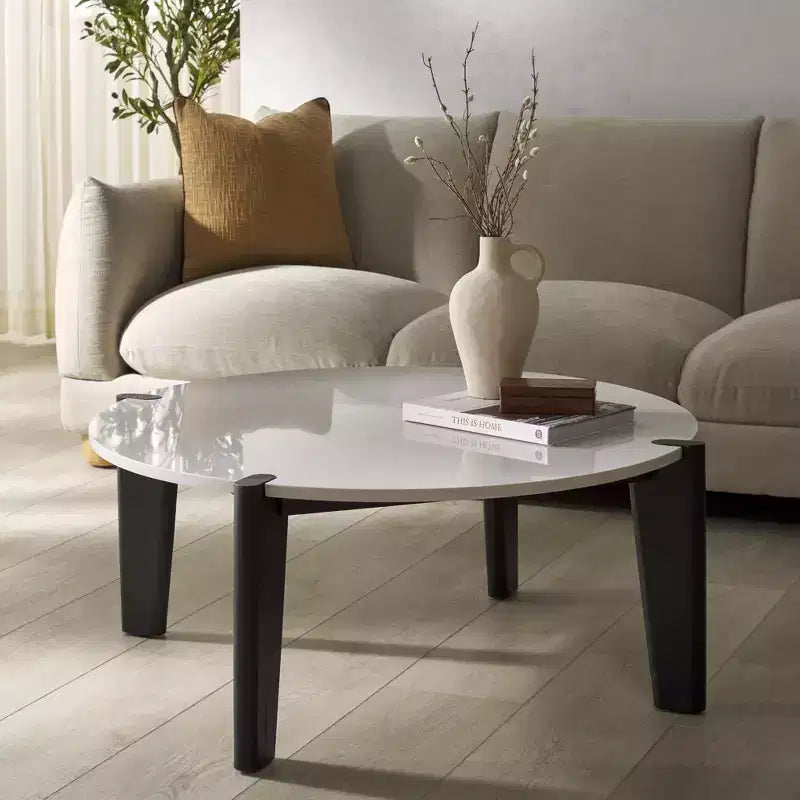 Round Marble Top Coffee Table with Elm Wood Legs, 40" Modern Sculptural Design