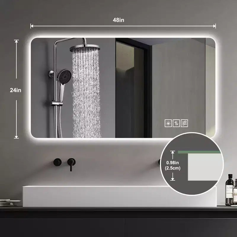 Rimless Anti-Fog Bathroom Wall Mirror with Touch Control & Defogging, Multi-Layer Protection