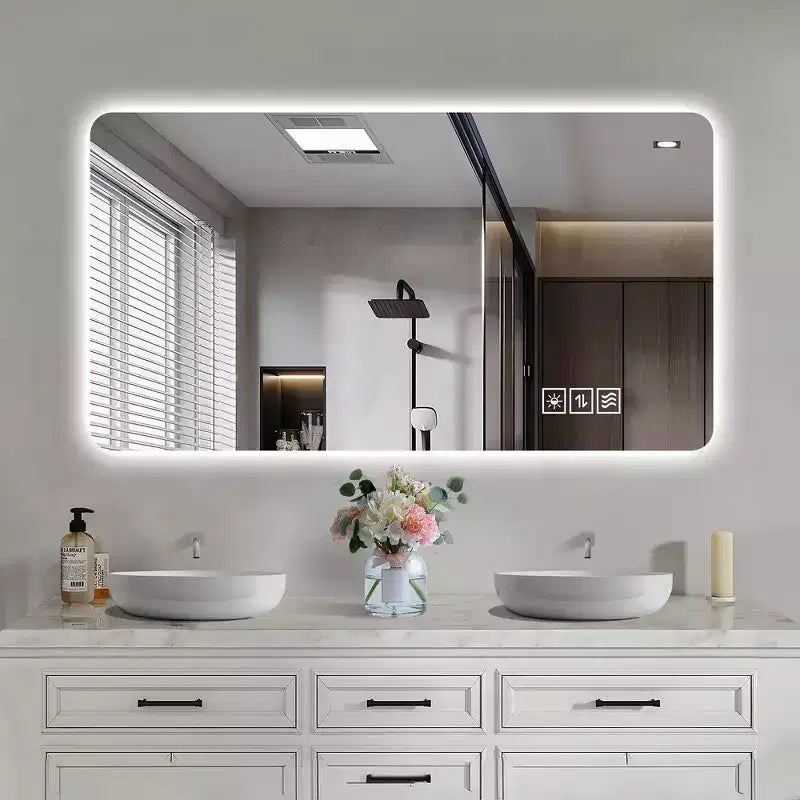 Rimless Anti-Fog Bathroom Wall Mirror with Touch Control & Defogging, Multi-Layer Protection