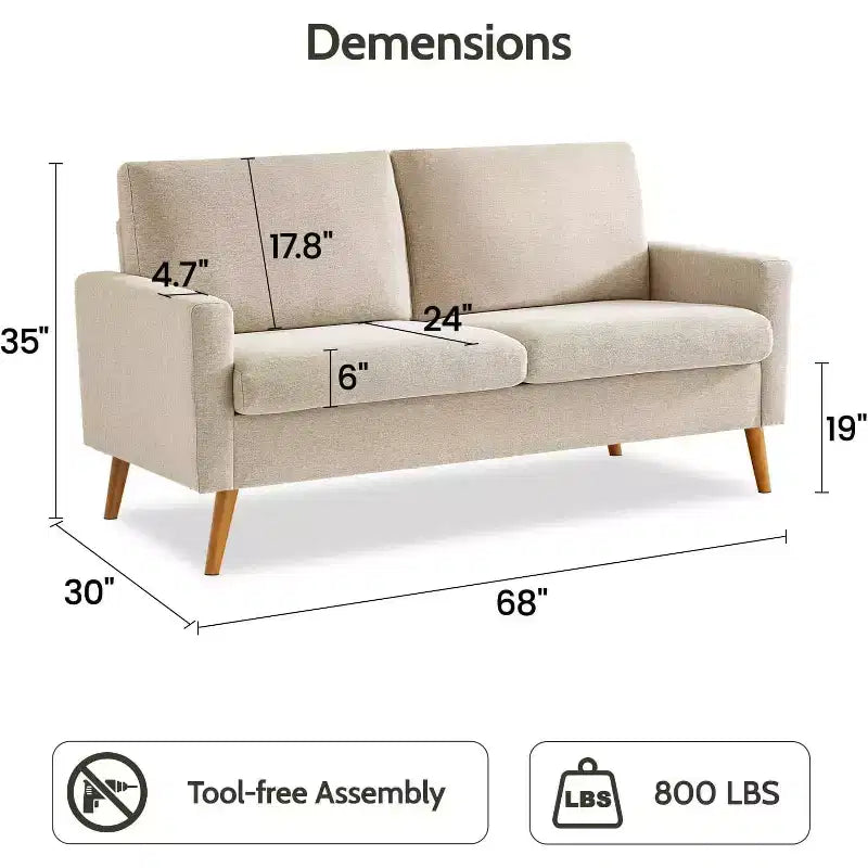 68" Mid-Century Modern Loveseat Sofa, 2-Seater Linen Fabric Couch with Deep Cushions, Solid Wood Frame