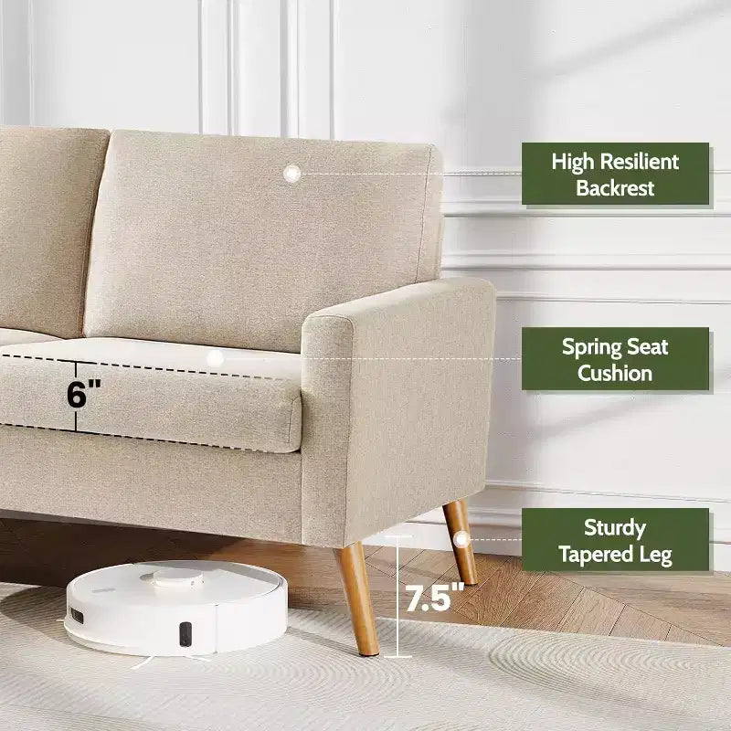 68" Mid-Century Modern Loveseat Sofa, 2-Seater Linen Fabric Couch with Deep Cushions, Solid Wood Frame