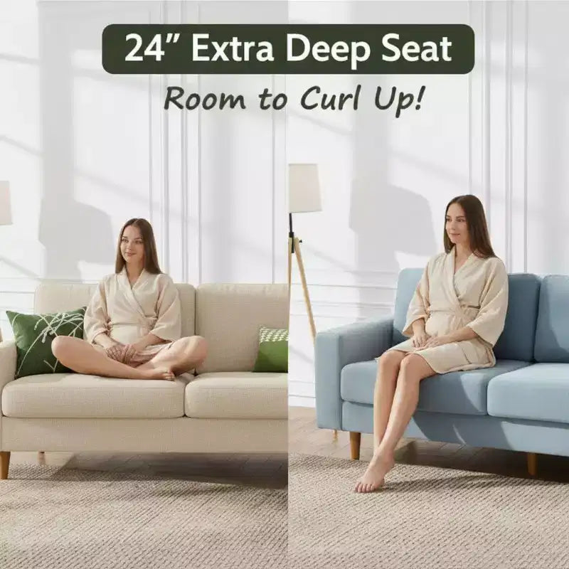 68" Mid-Century Modern Loveseat Sofa, 2-Seater Linen Fabric Couch with Deep Cushions, Solid Wood Frame