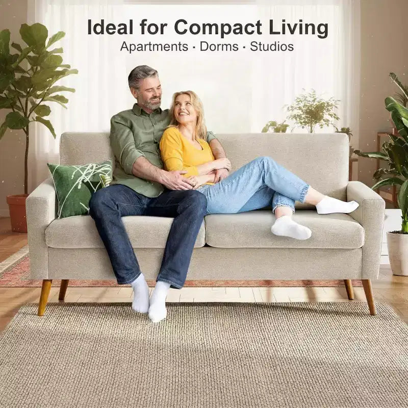68" Mid-Century Modern Loveseat Sofa, 2-Seater Linen Fabric Couch with Deep Cushions, Solid Wood Frame