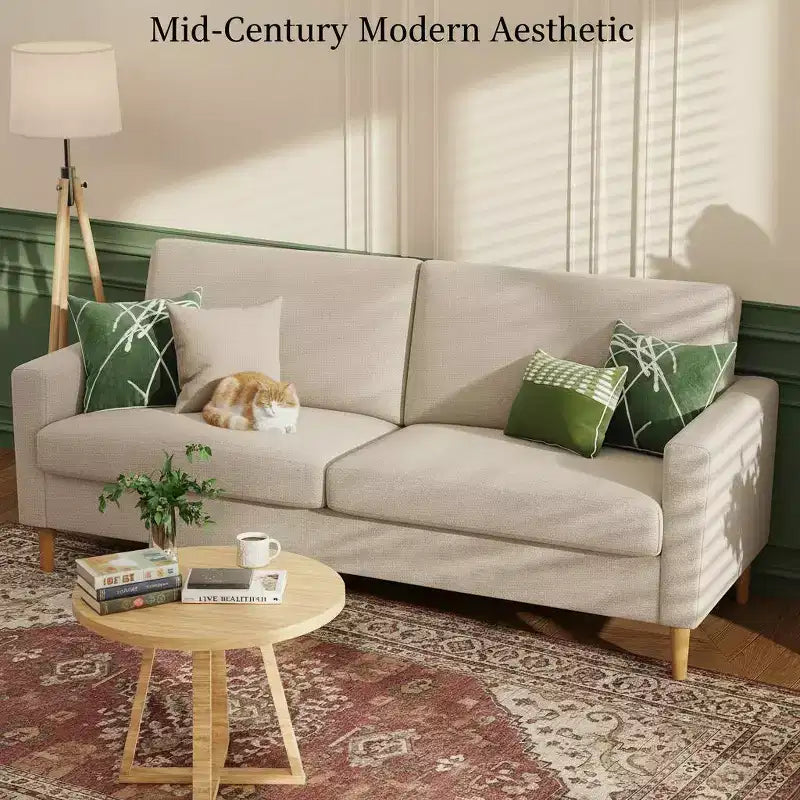 68" Mid-Century Modern Loveseat Sofa, 2-Seater Linen Fabric Couch with Deep Cushions, Solid Wood Frame