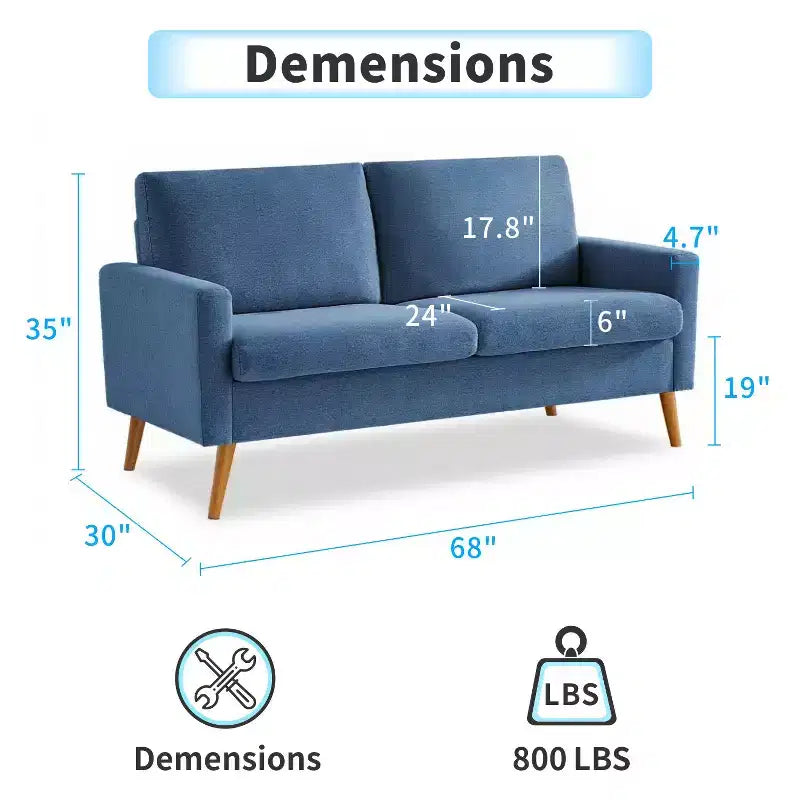 68" Mid-Century Modern Loveseat Sofa, 2-Seater Linen Fabric Couch with Deep Cushions, Solid Wood Frame