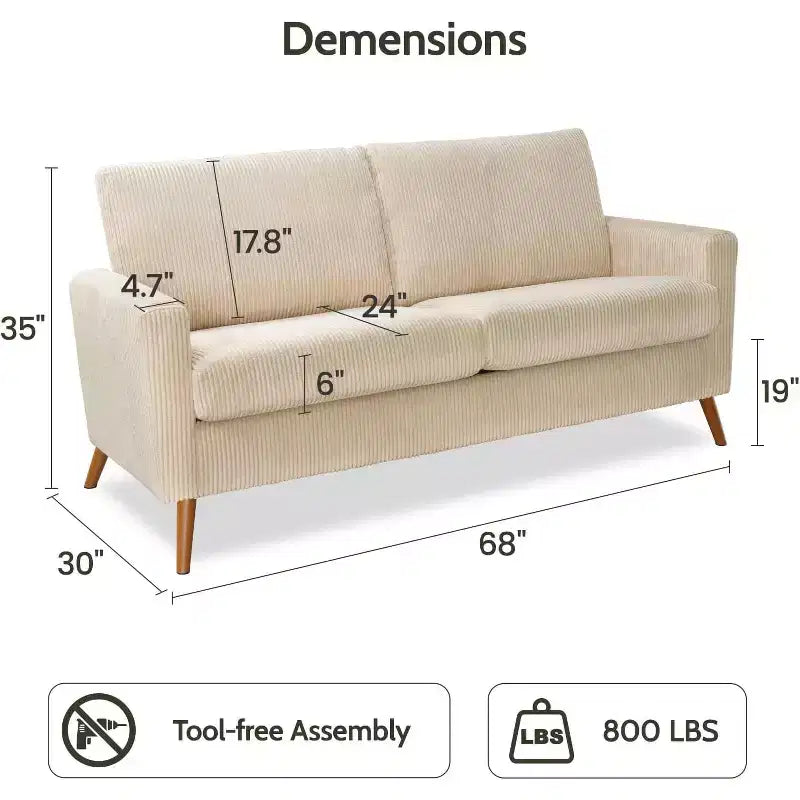 68" Mid-Century Modern Loveseat Sofa, 2-Seater Linen Fabric Couch with Deep Cushions, Solid Wood Frame
