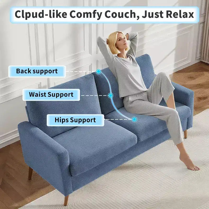 68" Mid-Century Modern Loveseat Sofa, 2-Seater Linen Fabric Couch with Deep Cushions, Solid Wood Frame