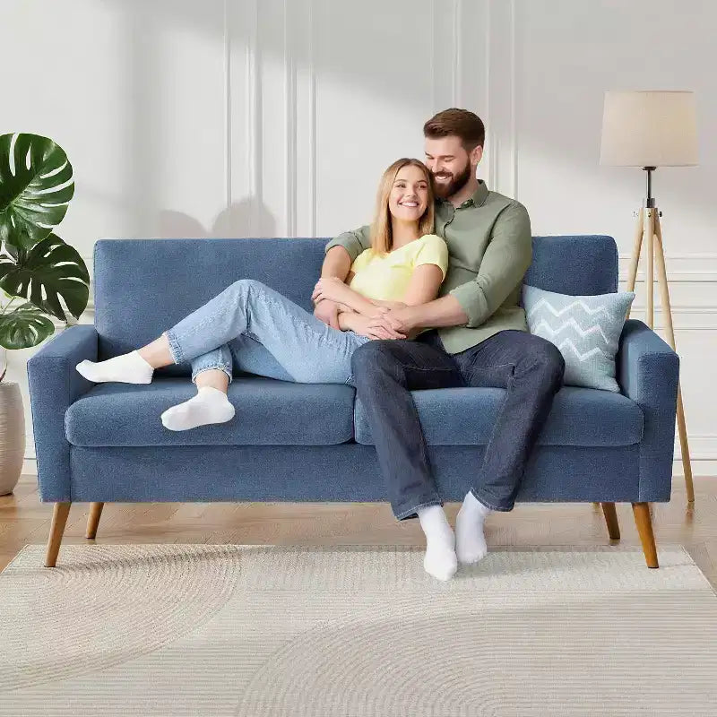 68" Mid-Century Modern Loveseat Sofa, 2-Seater Linen Fabric Couch with Deep Cushions, Solid Wood Frame