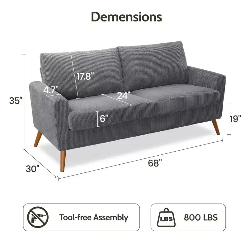 68" Mid-Century Modern Loveseat Sofa, 2-Seater Linen Fabric Couch with Deep Cushions, Solid Wood Frame