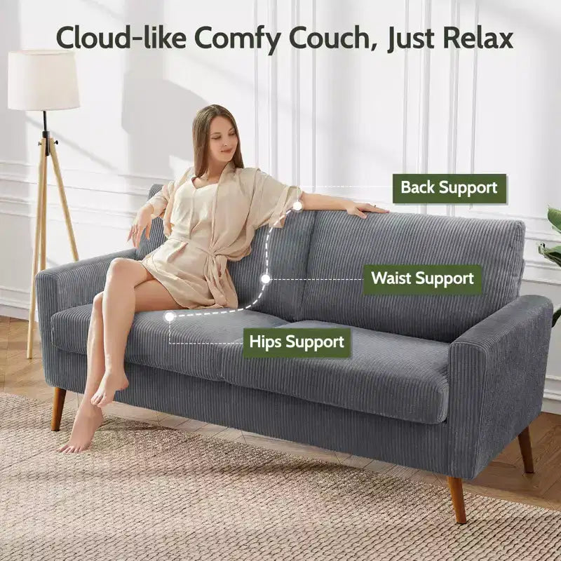 68" Mid-Century Modern Loveseat Sofa, 2-Seater Linen Fabric Couch with Deep Cushions, Solid Wood Frame