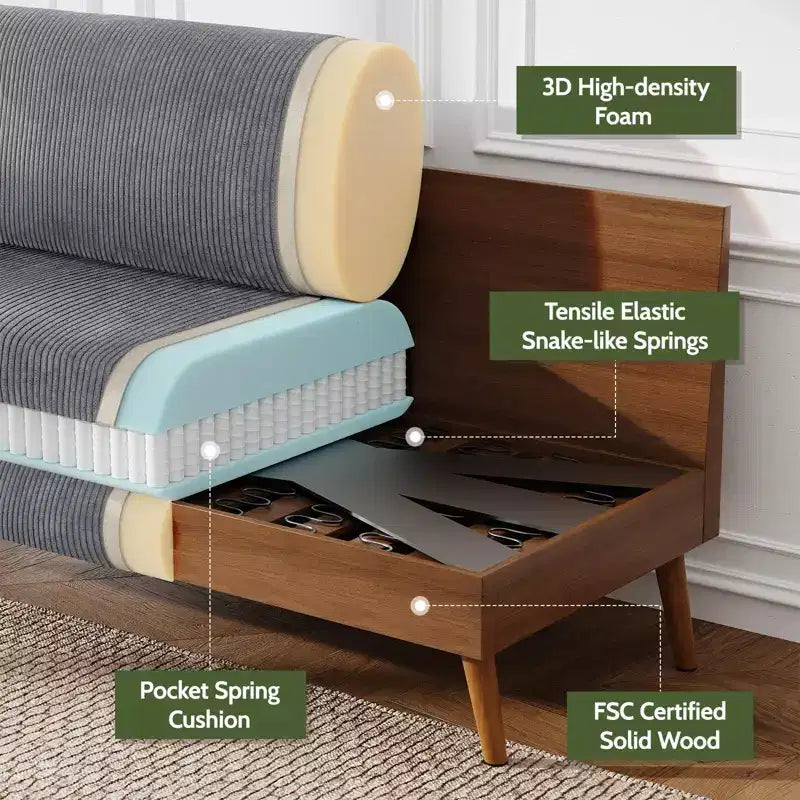 68" Mid-Century Modern Loveseat Sofa, 2-Seater Linen Fabric Couch with Deep Cushions, Solid Wood Frame