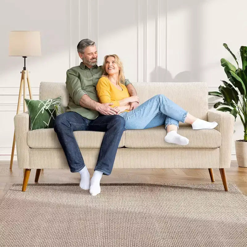 68" Mid-Century Modern Loveseat Sofa, 2-Seater Linen Fabric Couch with Deep Cushions, Solid Wood Frame