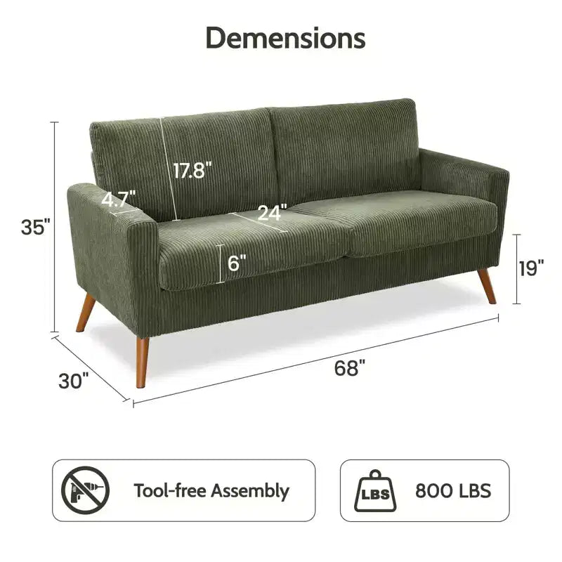 68" Mid-Century Modern Loveseat Sofa, 2-Seater Linen Fabric Couch with Deep Cushions, Solid Wood Frame