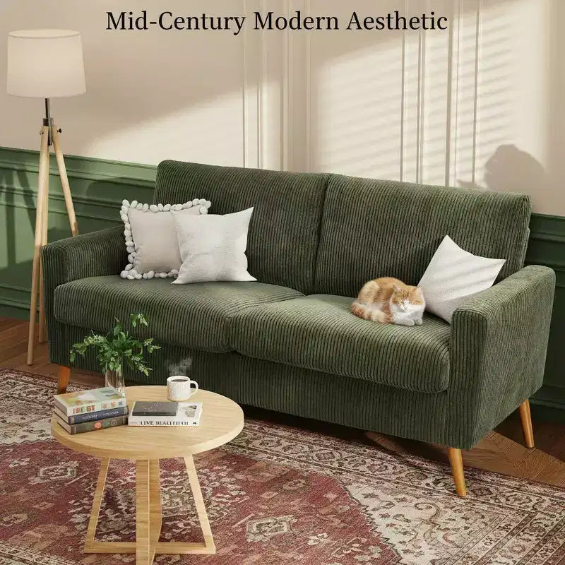68" Mid-Century Modern Loveseat Sofa, 2-Seater Linen Fabric Couch with Deep Cushions, Solid Wood Frame