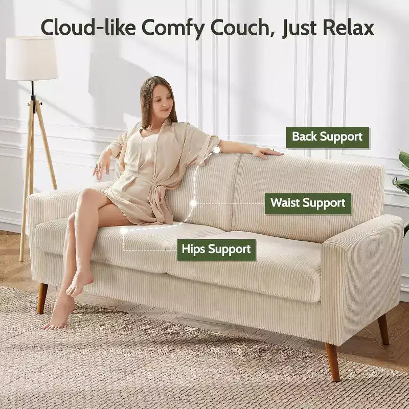 68" Mid-Century Modern Loveseat Sofa, 2-Seater Linen Fabric Couch with Deep Cushions, Solid Wood Frame