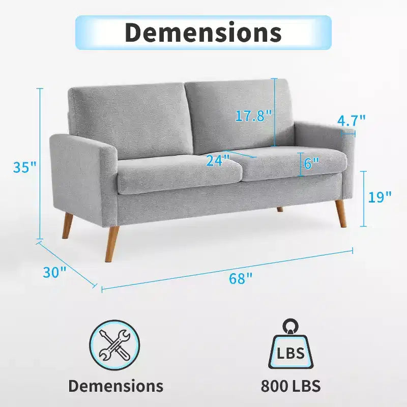 68" Mid-Century Modern Loveseat Sofa, 2-Seater Linen Fabric Couch with Deep Cushions, Solid Wood Frame