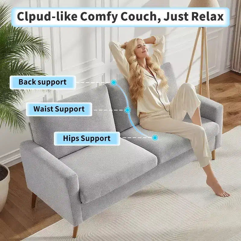 68" Mid-Century Modern Loveseat Sofa, 2-Seater Linen Fabric Couch with Deep Cushions, Solid Wood Frame