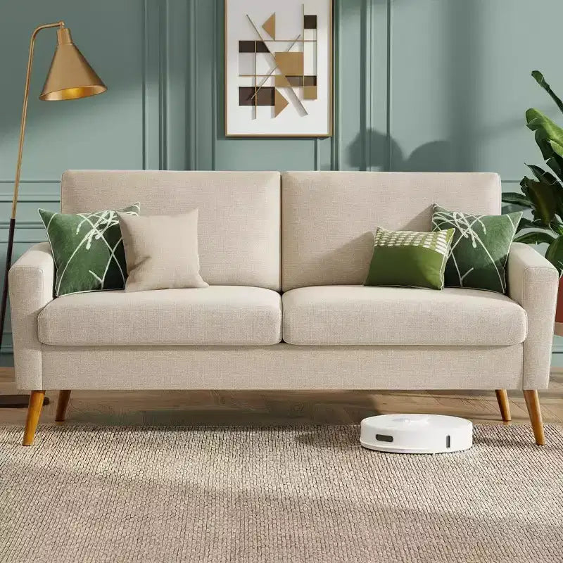 68" Mid-Century Modern Loveseat Sofa, 2-Seater Linen Fabric Couch with Deep Cushions, Solid Wood Frame