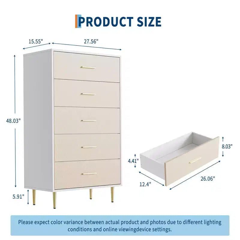 Tall Narrow Wooden White 5 Drawer Dresser with Gold Metal Handles and Legs for Bedroom, Living Room, Entryway