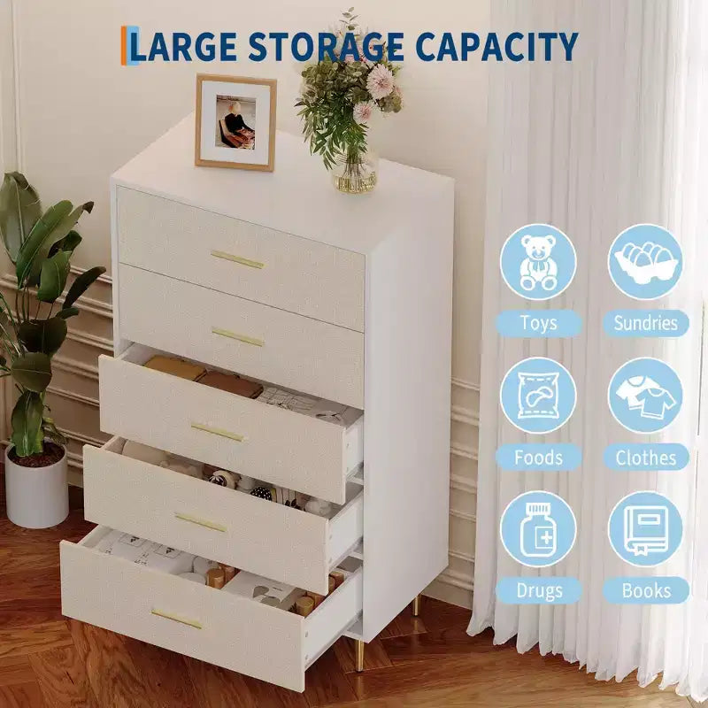 Tall Narrow Wooden White 5 Drawer Dresser with Gold Metal Handles and Legs for Bedroom, Living Room, Entryway