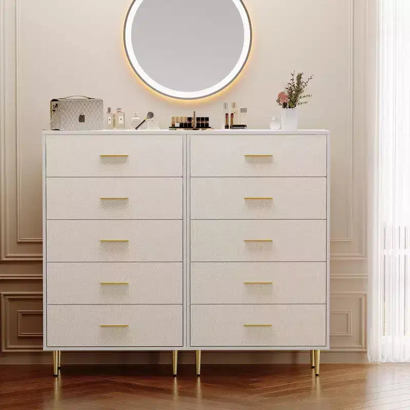 Tall Narrow Wooden White 5 Drawer Dresser with Gold Metal Handles and Legs for Bedroom, Living Room, Entryway