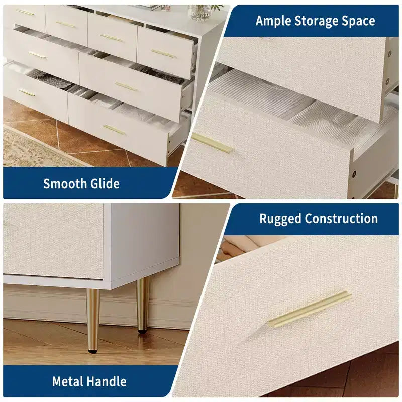 Tall Narrow Wooden White 5 Drawer Dresser with Gold Metal Handles and Legs for Bedroom, Living Room, Entryway