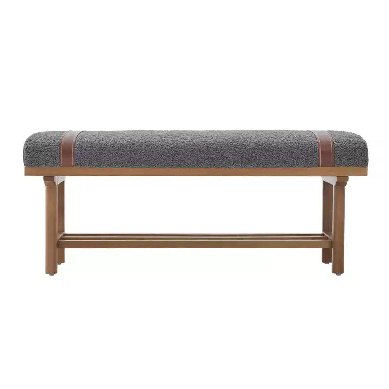 44" Teddy Fleece Upholstered Bench, Solid Rubberwood Frame, Mid-Century Modern with PU Straps
