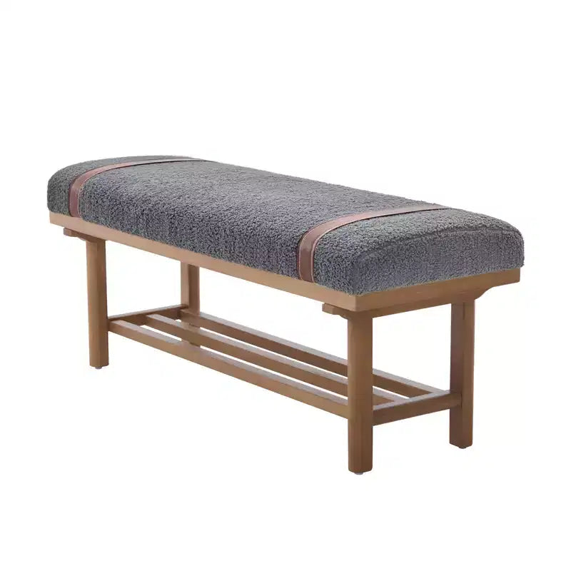44" Teddy Fleece Upholstered Bench, Solid Rubberwood Frame, Mid-Century Modern with PU Straps