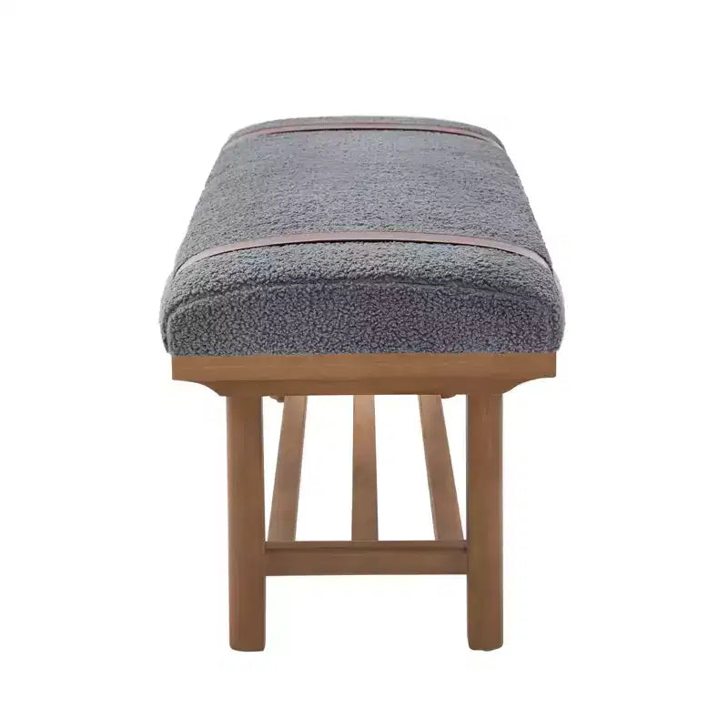 44" Teddy Fleece Upholstered Bench, Solid Rubberwood Frame, Mid-Century Modern with PU Straps