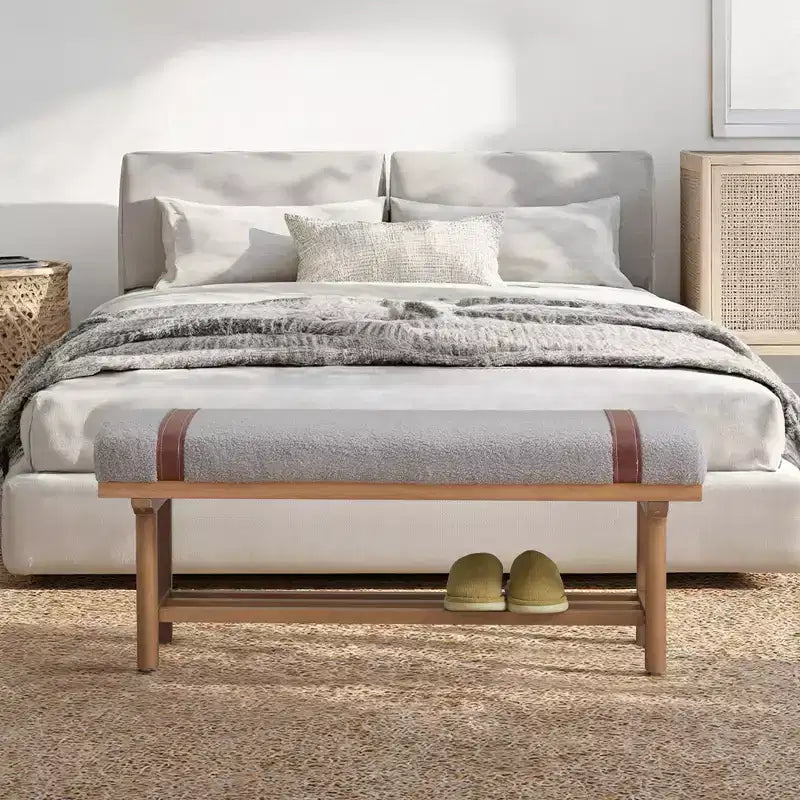 44" Teddy Fleece Upholstered Bench, Solid Rubberwood Frame, Mid-Century Modern with PU Straps
