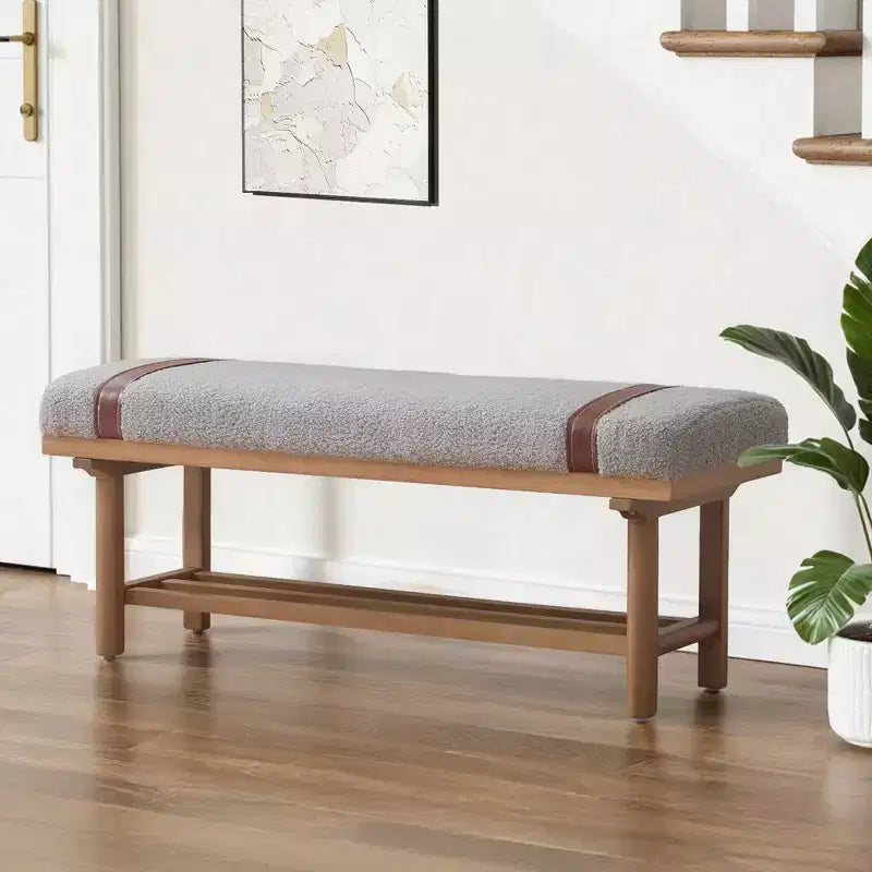 44" Teddy Fleece Upholstered Bench, Solid Rubberwood Frame, Mid-Century Modern with PU Straps