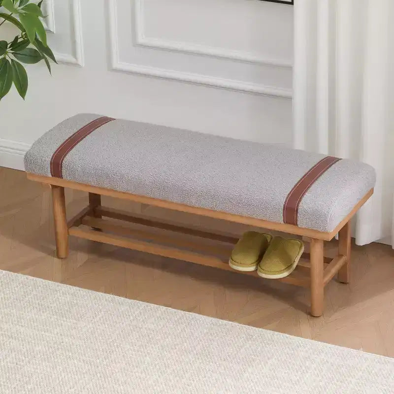 44" Teddy Fleece Upholstered Bench, Solid Rubberwood Frame, Mid-Century Modern with PU Straps