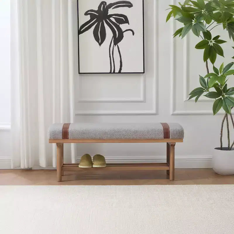 44" Teddy Fleece Upholstered Bench, Solid Rubberwood Frame, Mid-Century Modern with PU Straps