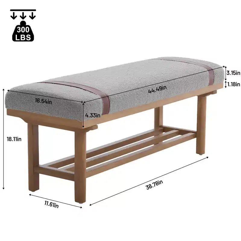 44" Teddy Fleece Upholstered Bench, Solid Rubberwood Frame, Mid-Century Modern with PU Straps