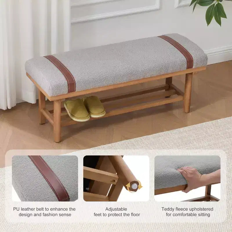 44" Teddy Fleece Upholstered Bench, Solid Rubberwood Frame, Mid-Century Modern with PU Straps