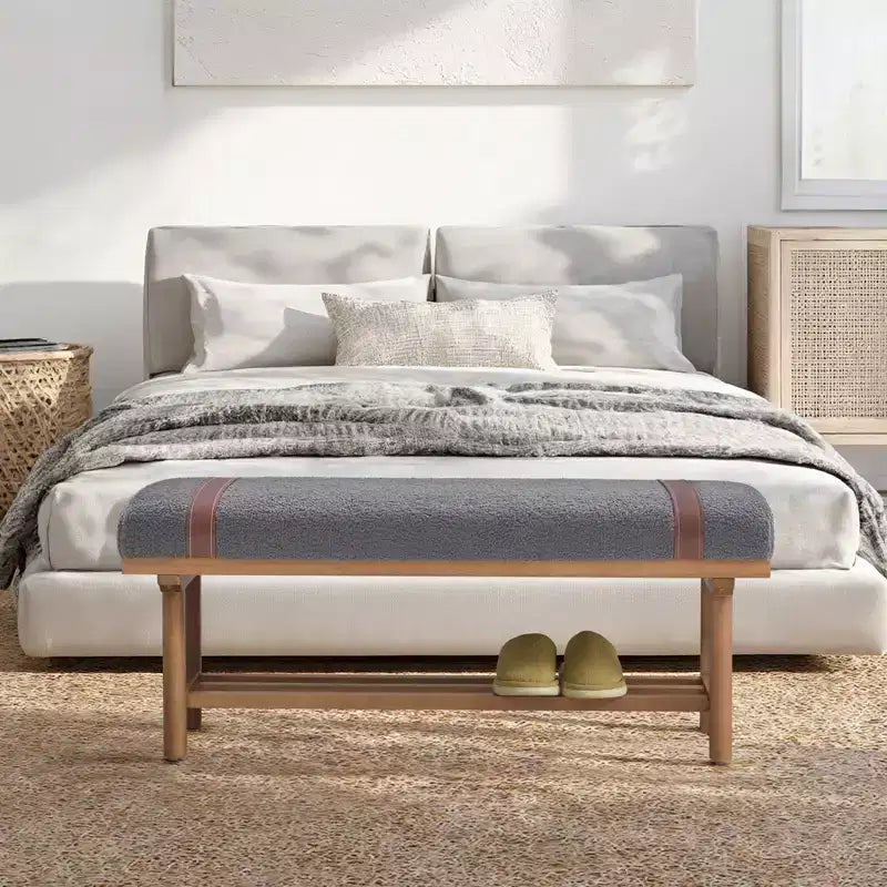44" Teddy Fleece Upholstered Bench, Solid Rubberwood Frame, Mid-Century Modern with PU Straps