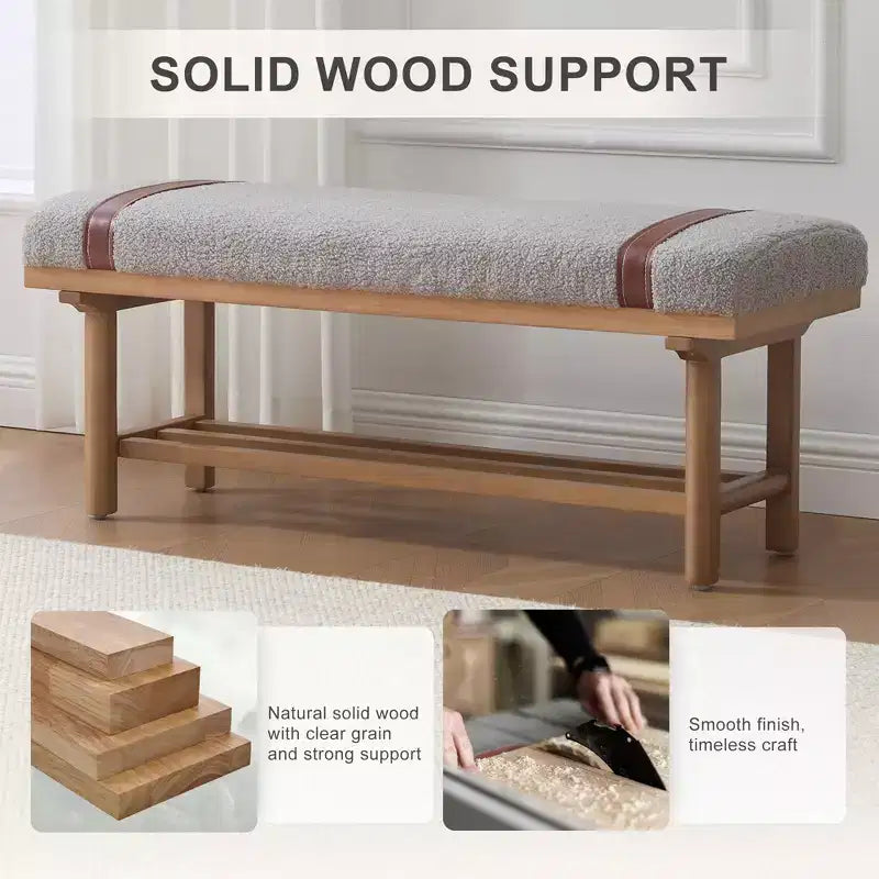 44" Teddy Fleece Upholstered Bench, Solid Rubberwood Frame, Mid-Century Modern with PU Straps